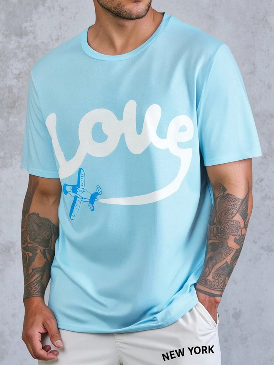 SHEIN Plus Size Men's T-Shirt,Light Blue And White,Summer,Streetwear,City Break,Round Neck Short Sleeve,Creative Digital Printing LOVE Airplane,Loose Fit - Baby Blue - View 1