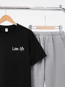 SHEIN Leap Crew 2pcs/Set Casual Cute Bear Print Knitted Tee And Pants Set, High Cost Performance, Teen Boys - Multicolor - View 6