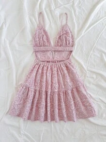 Soleia 女士粉红玫瑰印花压花吊带裙可爱连衣裙，度假和情人节风格 - 淺粉色 - 查看 2