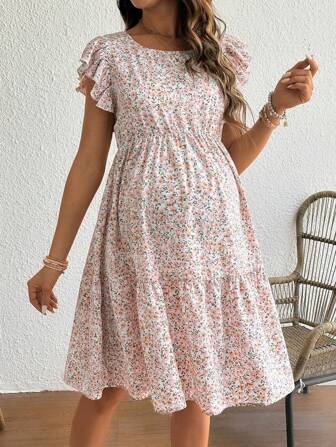 SHEIN Mutterschafts-Chiffonkleid mit Rüschen-Saum, locker, Kurzarm, Blume Muster für Frühling, Osterkleid