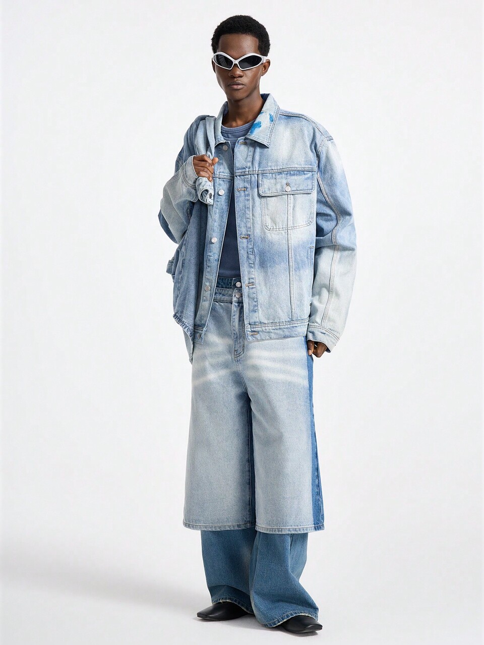 Men's Street Fashion Speckled Denim Long Sleeve Jacket, Plain, Flap Pocket Detail, Grunge, Urban, Work