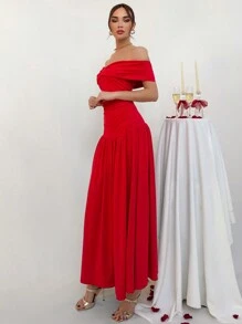 Aloruh Vestido Longo Vermelho Elegante de Ombros de Fora para Mulheres - Vermelho - Visão 5