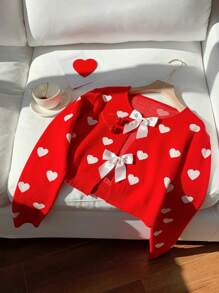 Comfortcana Women's Heart Pattern Bow Decor Thin Cardigan - Red - View 7