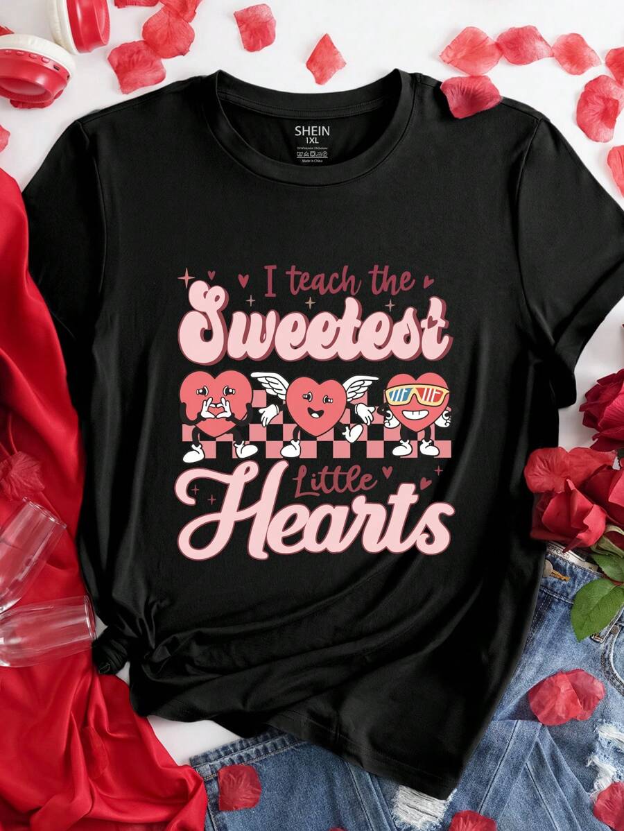 Flirla 大码女式 T 恤字母“我教最甜蜜的小心心”心形图案 T 恤，情人节女式上衣，适合夏季