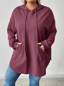 SHEIN CURVE+ 大码纯色连帽抽绳不对称下摆运动衫 - 紫色 - 查看 8