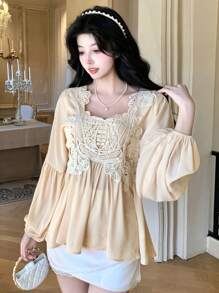 DAZY Square Neck Lace Patchwork Lantern Sleeve Women Blouse,Babydoll Top Long Sleeve - Apricot - View 1