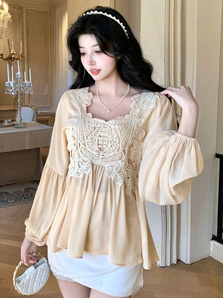 Square Neck Lace Patchwork Lantern Sleeve Women Blouse,Babydoll Top Long Sleeve