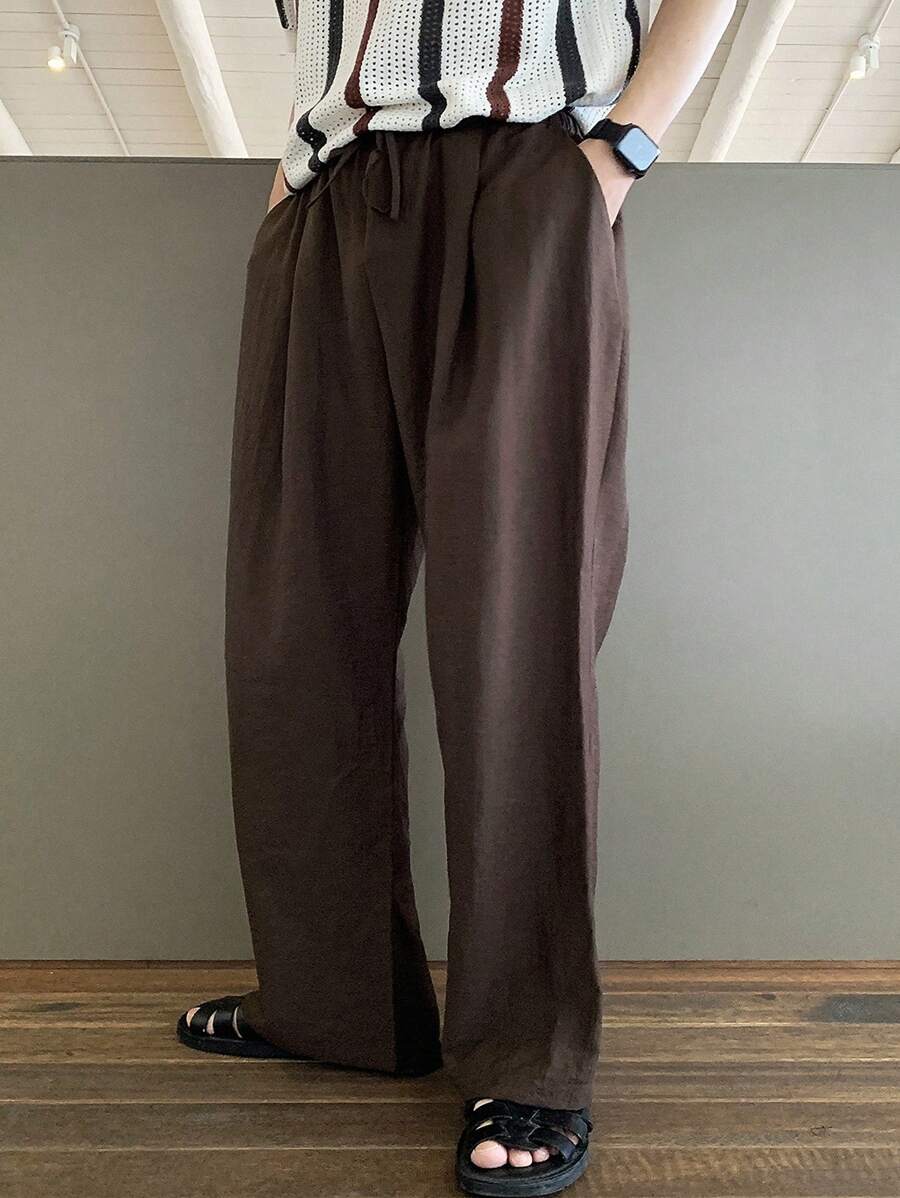 SHEIN X Scheana DAZY Men's Solid Color Textured Fabric Pants, Spring/Summer, Fall - Coffee Brown - View 1