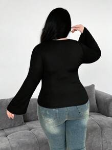 Vibekara Áo cánh tay dài ren cổ yếm màu đen thanh lịch cỡ lớn - Nhiều màu - Xem 2
