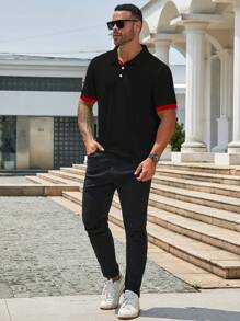 Manfinity Homme Plus Size Men's Solid Color Button Placket Short Sleeve Polo Shirt - Black - View 4