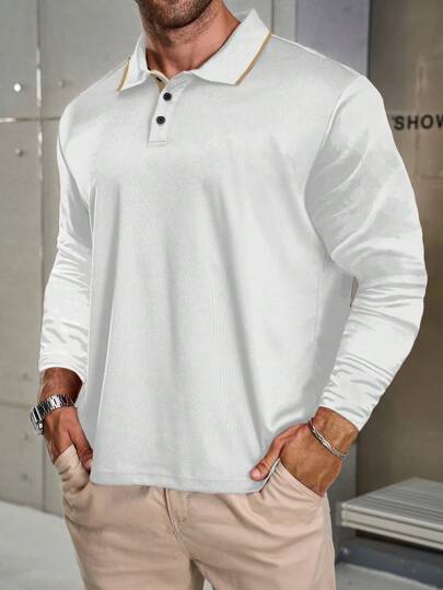 Manfinity Homme Plus Size Men's Solid Color Patchwork Front Button Long Sleeve Casual Polo Shirt