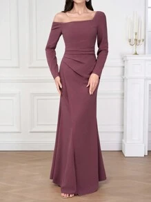 Coutiva 1 stuk dames asymmetrische hals lange mouwen gerimpelde lange feestjurk, mode banket feest oudejaarsavond festival socialite elegante jurk, bruiloft gast jurk, formele jurk, avondjurk