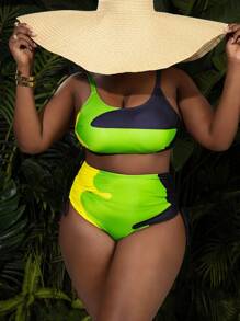 SHEIN Swim Curve 2 piezas Bikini dividido ajustable con estampado de talla grande, ropa casual de playa de verano con cordón