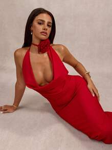 SHEIN BAE Einfarbiges, sexy, elegantes, rückenfrei ausgeschnittenes, tailliertes Bodycon-Kleid mit V-Ausschnitt, geeignet für Herbst/Winter, Valentinstag, Party, romantisches Date, Brautjungfer, Abiball, Büro, rotes Kleid, Geburtstag, Prinzessinnenkleid