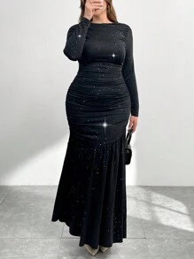 SHEIN Essnce Plus Size Women's Black Autumn Elegant Formal Evening Dress, Sparkly Long Birthday Wedding Guest Outfits,Slim Commuter Business Casual Clothes - Black - View 5