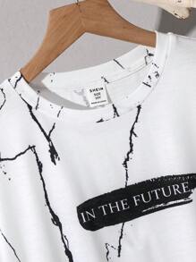 SHEIN Conjunto de camiseta de manga corta con estampado de letras y shorts informales para niño preadolescente - Blanco - Ver 5