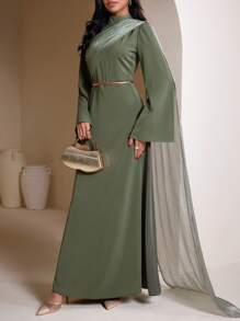 Veilorie Women Elegant Flowy Flared Sleeve Arabic Style Long Dress Modest