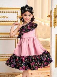 SHEIN Young Girls Asymmetrical One Shoulder Jacquard Patchwork Ruffle Hem A-Line Dress ,Spring/Summer Ramandan Style Matching Family Vacation , A-Line Dress,Cake Dress,Gorgeous Princess, Formal Attire,Sibling Outfits,Party Wear ,Birthdays Sisters Outfit - Multicolor - View 9