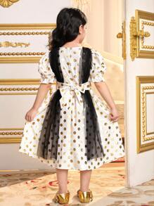SHEIN Young Girls Chiffon Polka Dot Contrast Mesh Dress, Vintage Gold Polka Dots Puff Sleeve A-Line Dress With Golden Woven, Matching Family Vacation, With Golden Woven, Sibling Outfits, Sisters Outfit, Suitable For Girls Daily Wear, Festivals, Family Gatherings And Special Occasions, Sibling Outfits Sisters Ramandan Style Outfit, Spring And Summer, Cute & Elegant & Sweet & Vintage & Fashionable.Mom And Daughter & Sisters Matching. - Black and White - View 4
