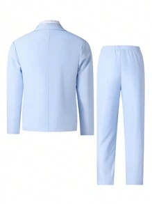 SHEIN 2-delige outfit voor heren van tienerjongens - lichtgewicht blazerjack in lichtblauw met contrasterende rand en broek, elegant formeel pak voor lente/zomer, verjaardagsfeestje, evenement, bruiloft, afstuderen