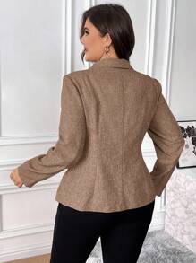 SHEIN Essnce 女士加大码纹理棕色西装外套：秋冬时尚前开式办公室外套，适合身材曲线 - 棕色 - 查看 2