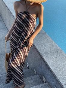 DAZY Women's Vacation Casual Striped Backless Halter Neck Dress Summer Cruise Women Outfits Sundress Boho - Multicolor - View 8