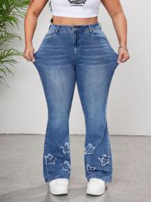 SHEIN CURVE+ Pantalones acampanados de mezclilla con estampado de estrella para mujer talla grande, de mezclilla elástica que estilizan la figura, para conjunto de primavera y verano, atuendo casual