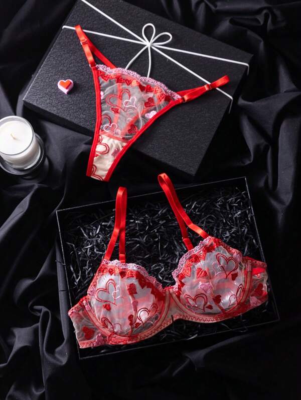 Valentine's Day Heart Embroidery Cute Sweet Sheer Wire-Rimmed Bralette And Thong Panty 2pcs Lingerie Set, For Gifts