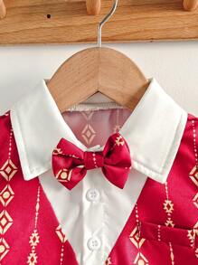 2 pezzi set abbigliamento completo per bambini maschi, maglietta a maniche corte con grafica a blocchi di colore bianco e rosso, pantaloncini, adatto per occasioni importanti come feste o compleanni