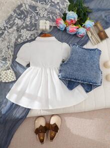 Baby Girl Front Button Sleeveless Simple Denim Vest And Dress Set