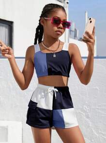 2pcs/Set Tween Girl Colorblock Simple Top And Shorts Set - Multicolor - View 3