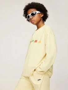 SHEIN Explorewe Bộ áo thun dài tay in hình ngôi sao ombre thời trang đường phố dành cho bé trai và quần short rộng - Màu be - Xem 6