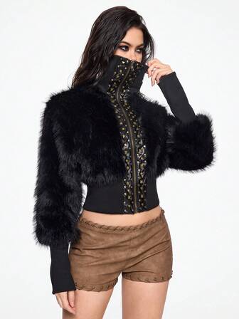 Grunge Punk Veste court avec synthétique en patchwork, coupe slim pour femme