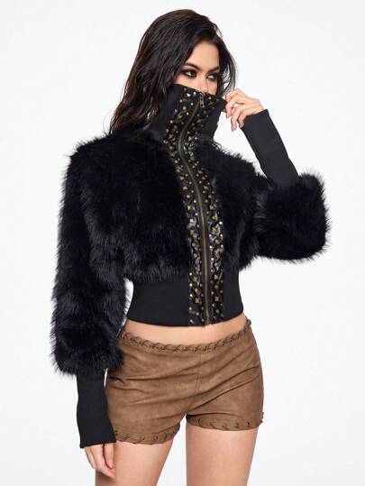 Grunge Punk Women Short Faux Fur Splicing PU Leather Jacket, Slim Fit