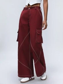 SHEIN Unity 法式优雅蓝色印花 V 领连衣裙，褶皱下摆设计，短款喇叭形廓形，适合情人节约会 - 酒紅色 - 查看 5