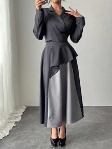 Modelyn 女士 2 件套：纯色立领长袖夹克和撞色迷你裙，优雅秋季服装 2 件套 - 灰色 - 查看 3