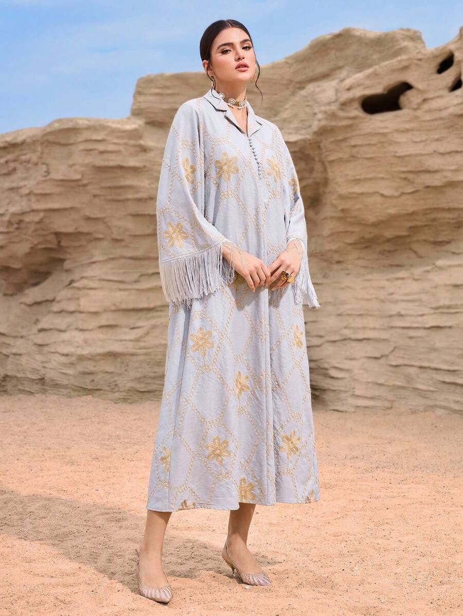 Al Najma 女式花卉印花拼布流苏袖口立领阿拉伯风格连衣裙 - 灰色 - 查看 1