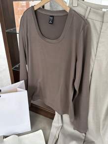 DAZY 女士休闲纯色宽松长袖圆领T恤，秋季服装 - 咖啡棕 - 查看 3