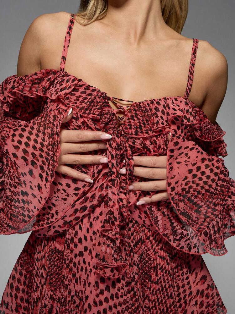 MISSGUIDED Animal Print Ruffle Off Shoulder Lace Up Mini Dress Christmas