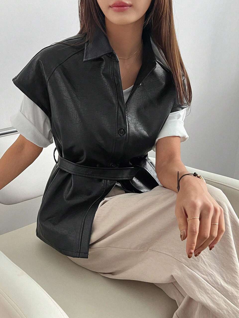 Women's Solid Color Single Breasted PU Leather Casual Jacket Vest