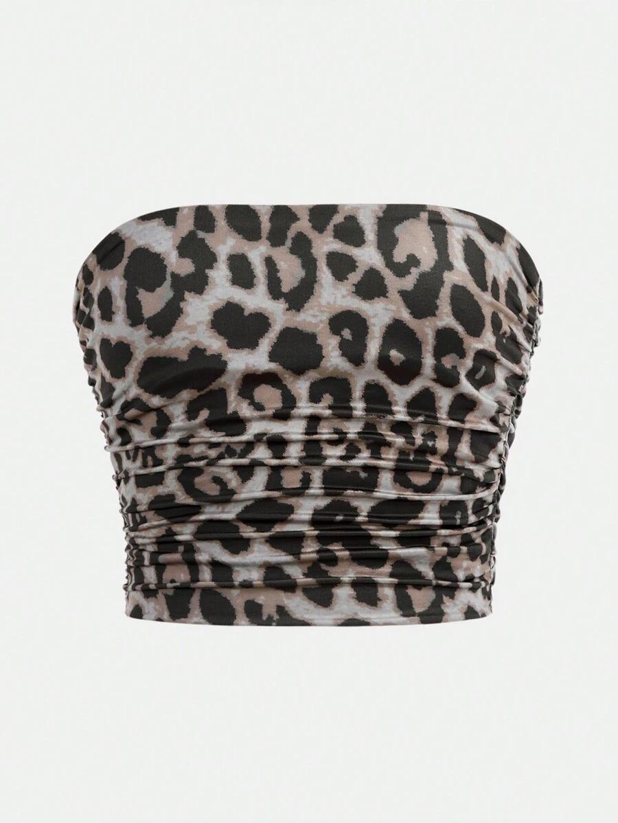 SHEIN Tween Girls Leopard Print Simple & Comfortable Ruched Elastic Fitted Tube Top - Khaki - View 1