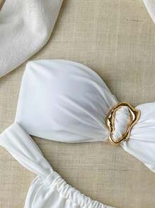 Swim Chiccia 女士夏季纯色抹胸金属点缀和丁字裤比基尼泳装套装，性感 - 白色 - 查看 4