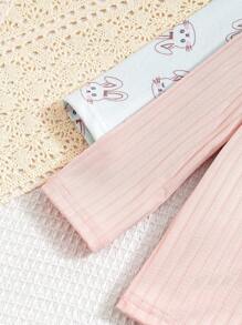 Seturi de 4 bucăți pentru nou-născuți fetițe, top cu mâneci lungi din catifea groasă cu nervuri și pantaloni pentru acasă, cu imprimare iepure - Multicolor - Vizualizare 6