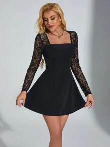 SHEIN Clasi 女士休闲优雅针织蕾丝连衣裙 - 黑色 - 查看 5