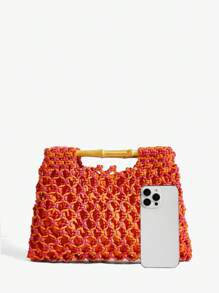 SHEIN SXY 女士手提包，编织包，钩针编织，时尚，优雅，简约，个性化，多功能，木质手柄，适合海滩，度假，假日，夏季 - 彩色 - 查看 5