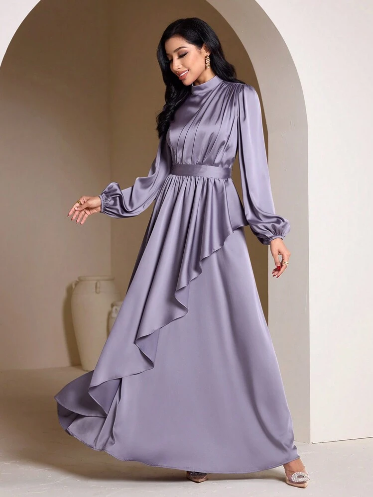 lilac satin dress long sleeve Adella Lilac Satin Feather-Trim Maxi Dress  Club L London