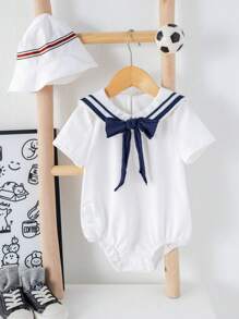 SHEIN 2-częściowy zestaw body niemowlęcego chłopięcego, ślicznego, swobodnego, dzianinowego z muszką i czapeczką, odpowiedni na przyjęcie urodzinowe, ceremonię, wesele, baby shower