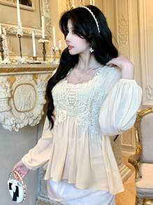 DAZY Square Neck Lace Patchwork Lantern Sleeve Women Blouse,Babydoll Top Long Sleeve - Apricot - View 11