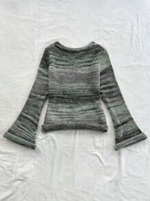 Soleia Women Vacation Colorful Stripe Flare Sleeve Crochet Knit Sweater, Fashionable