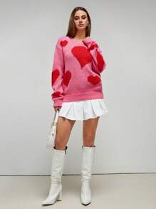 Chiquease Women's Dropped Shoulder Regular Crew Neck Color Block Heart Pattern Casual Loose Sweater, Autumn/Winter Knit Pullover Fall Sweater - Multicolor - View 5